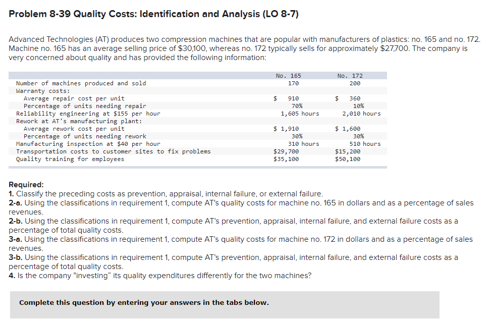 Problem 8-39 Quality Costs: Identification and Analysis (LO 8-7) Advanced Technologies