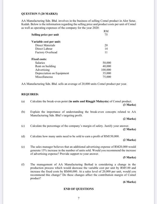  please answer all. with complete answer QUESTION 5 (20 MARKS) AA