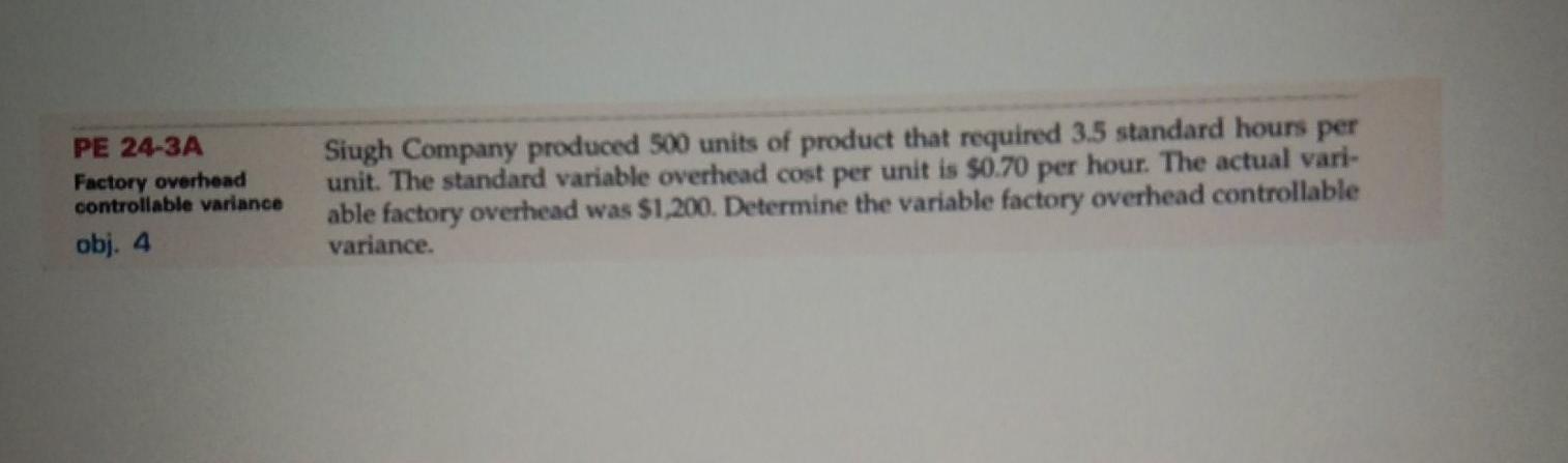  PE 24-3A Factory overhead controllable variance Siugh Company produced 500 units