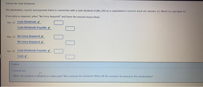  Entries for Cash Dividends The declaration, record, and payment dates in
