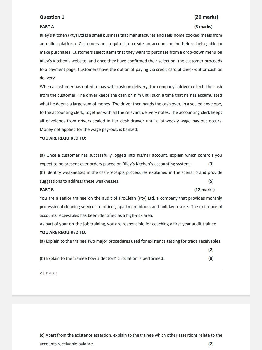  Question 1 (20 marks) PART A (8 marks) Riley's Kitchen (Pty)