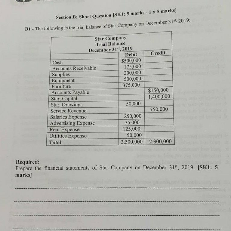  1 x 5 marks] Section B: Short Question [SK1: 5 marks