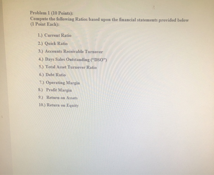  Problem 1 (10 Points): Compute the following Ratios based upon the