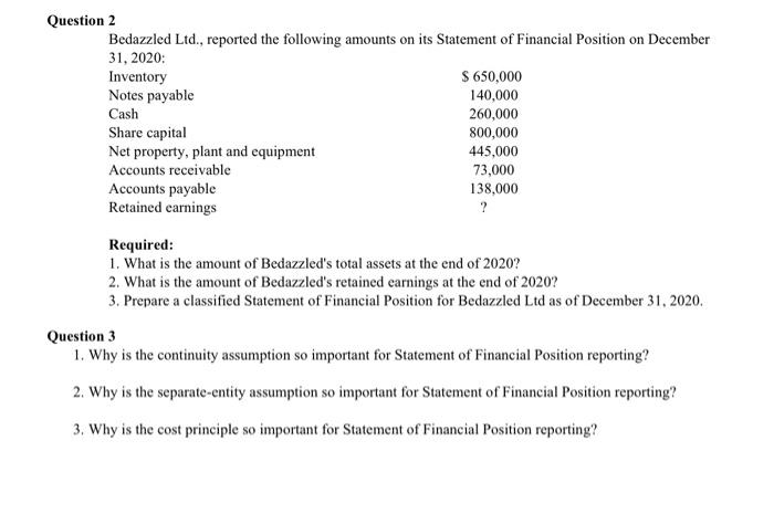  Question 2 Bedazzled Ltd., reported the following amounts on its Statement