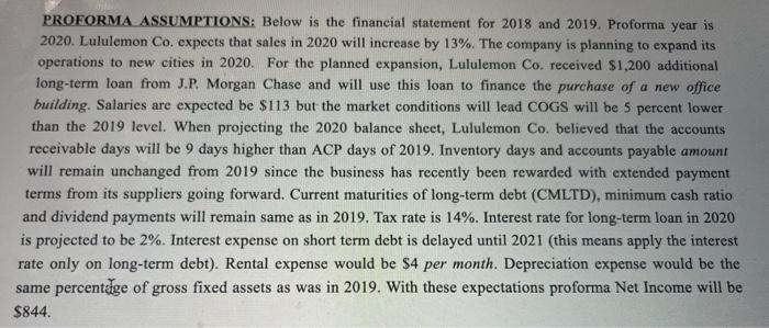 PROFORMA ASSUMPTIONS: Below is the financial statement for 2018 and 2019.