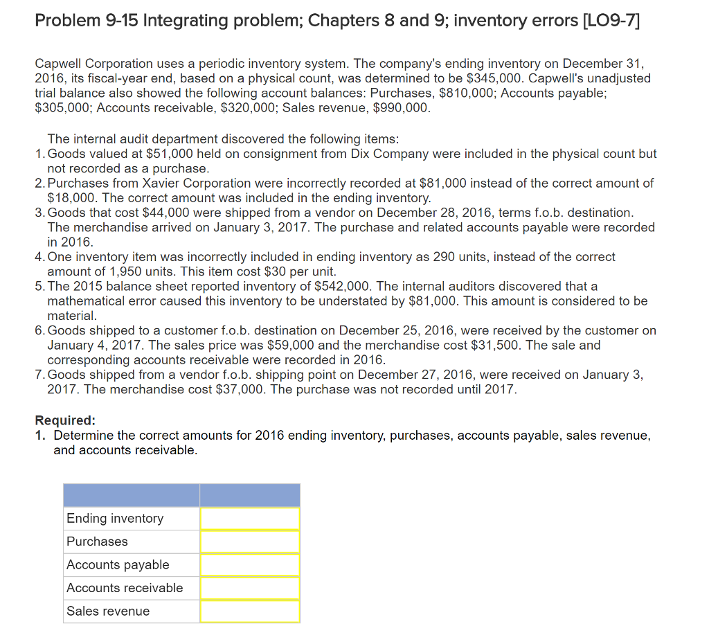  Problem 9-15 Integrating problem; Chapters 8 and 9, inventory errors LLO9-71