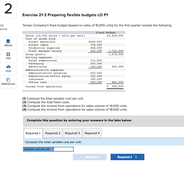 2 Exercise 21-3 Preparing flexible budgets LO P1 1.11 Tempo Company's