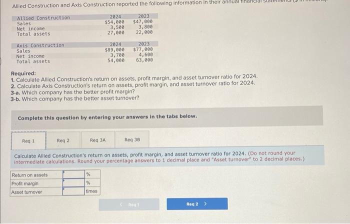  Required: 1. Calculate Allied Construction's return on assets, profit margin, and