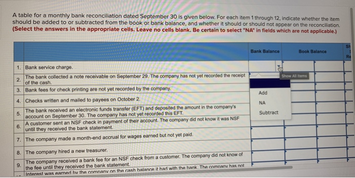  A table for a monthly bank reconciliation dated September 30 is
