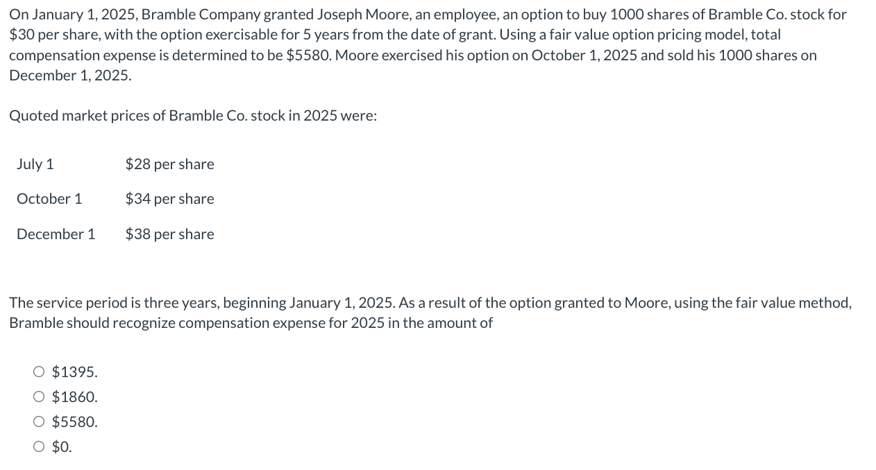  On January 1,2025, Bramble Company granted Joseph Moore, an employee, an