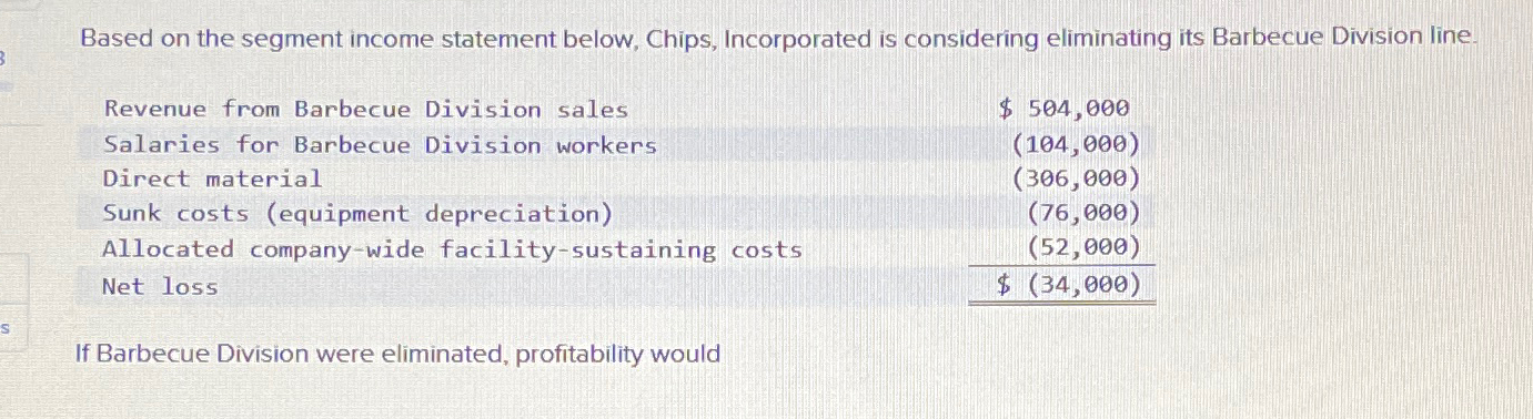  Based on the segment income statement below, Chips, Incorporated is considering