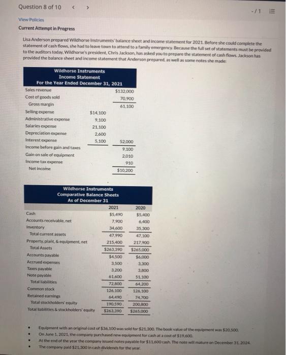  Question 8 of 10 > Using the Indirect method, prepare Wildhorse