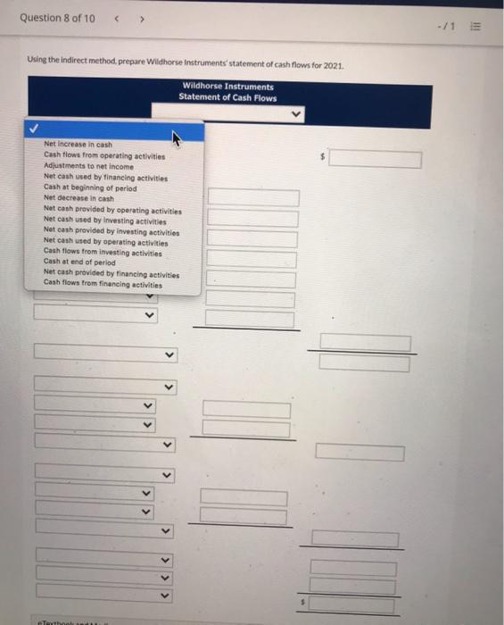 Flows > > > Using the Indirect method, prepare Wildhorse Instruments' statement