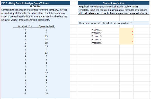  E13.9 - Using Excel to Analyze Sales Volume PROBLEM Carmen is