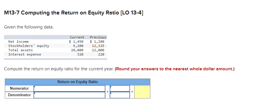  M13-7 Computing the Return on Equity Ratio [LO 13-4] Given the