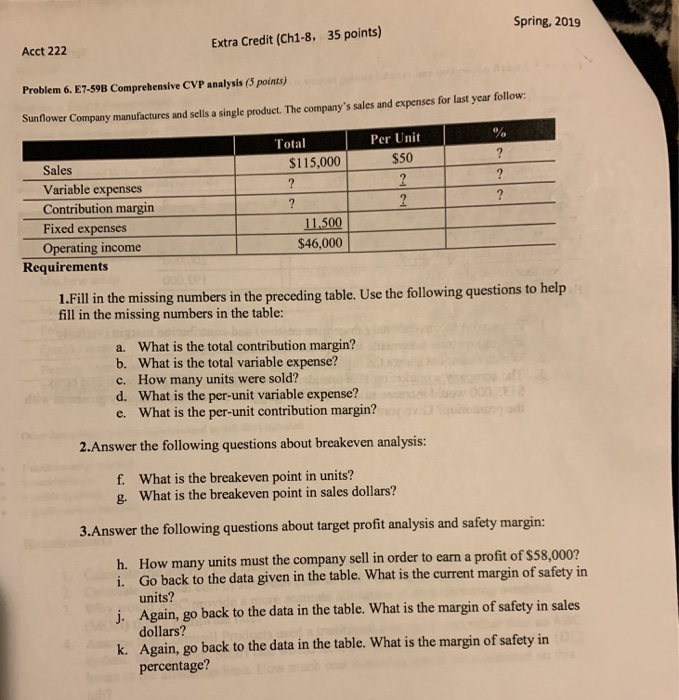  Spring, 2019 Extra Credit (Ch1-8, 35 points) Acct 222 Problem 6.