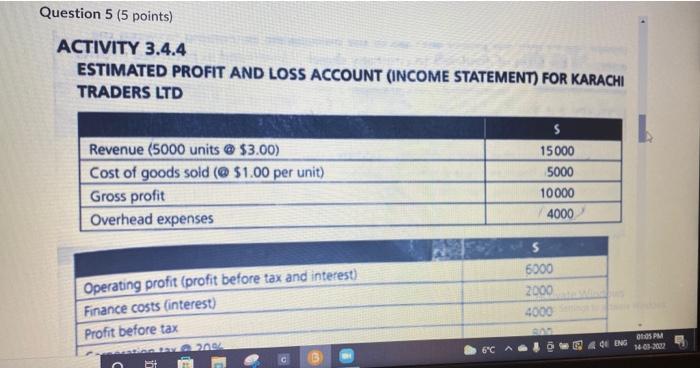  please answer asap. Question 5 (5 points) ACTIVITY 3.4.4 ESTIMATED PROFIT