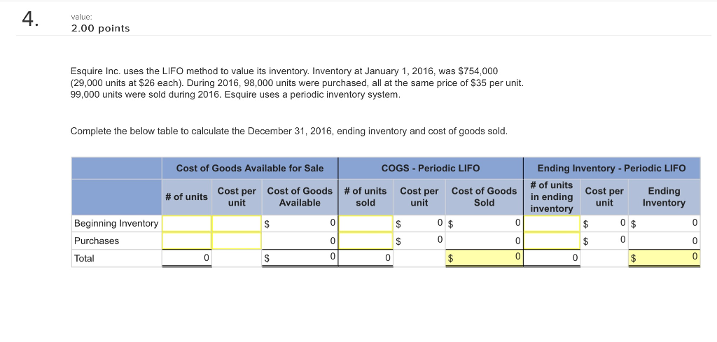 Please explain all calculations. Thank you! value 2.00 points Esquire Inc. uses