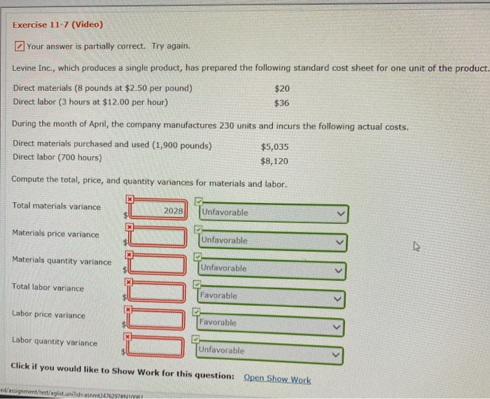  Exercise 11-7 (Video) Your answer is partially correct. Try again. Levine