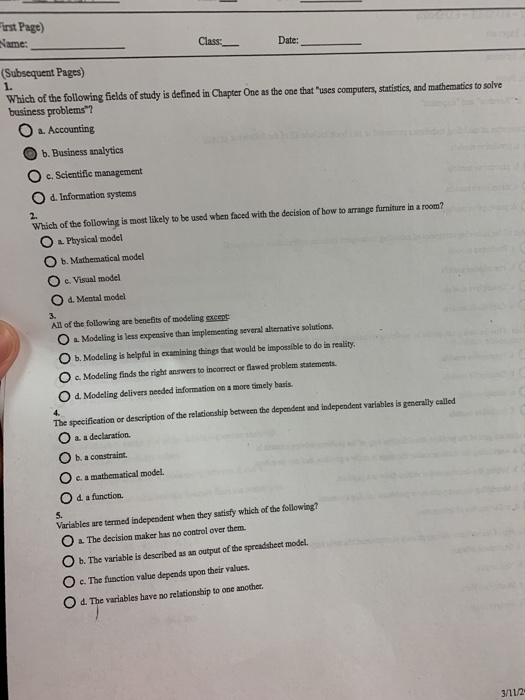  First Page) Name: Class: _ Date: (Subsequent Pages) 1. Which of