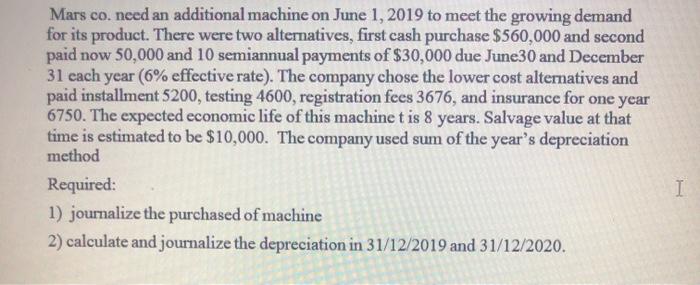  Mars co. need an additional machine on June 1, 2019 to