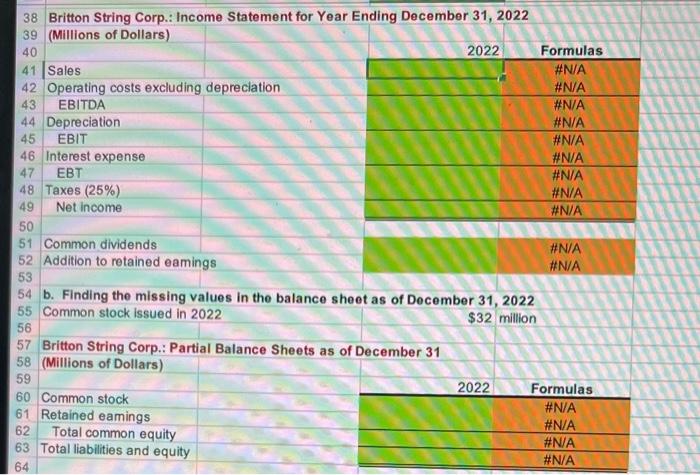 December 31 (Millions of Dollars) a. Constructing Britton String's income statement Britton