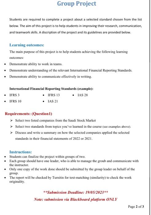  Students are required to complete a project about a selected standard