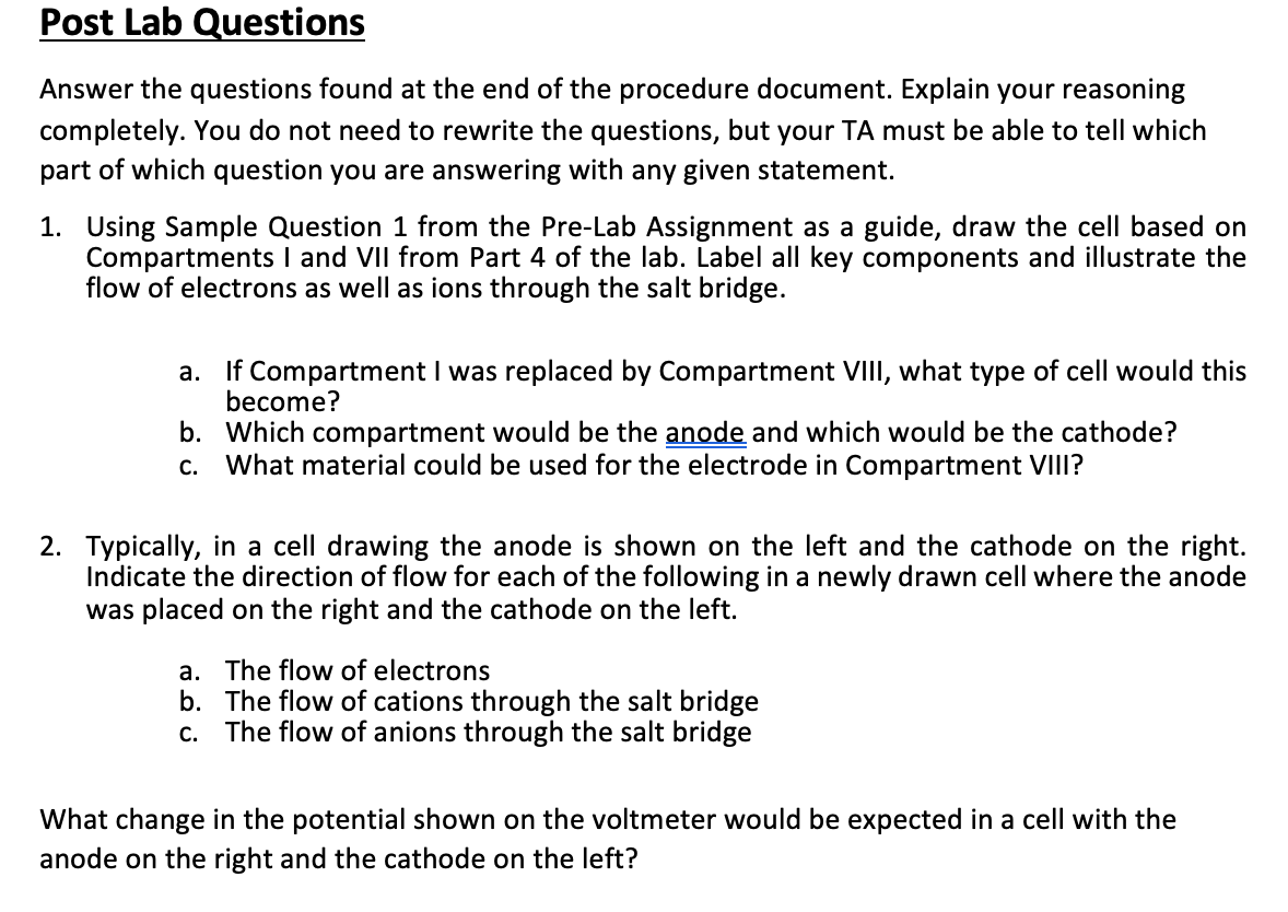 This has to do with voltaic electrochemical cells Post Lab Questions Answer