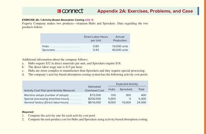 connect Appendix 2A: Exercises, Problems, and Case EXERCISE 2A-1 Activity-Based Absorption
