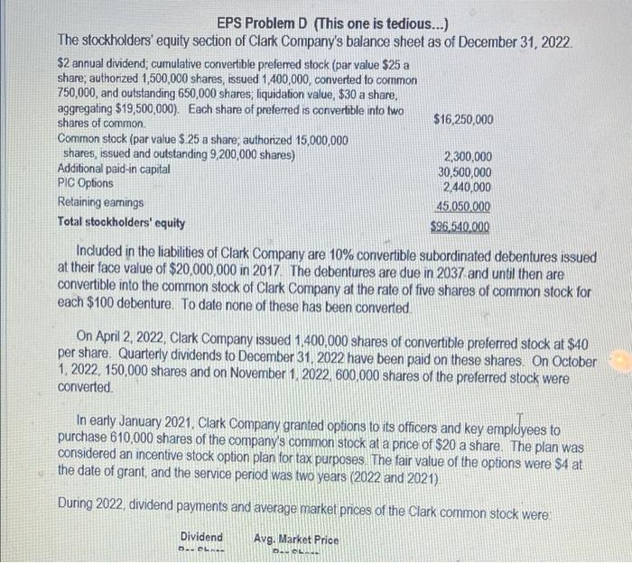 calculate basic earnings per share for 2022 EPS Problem D (This one