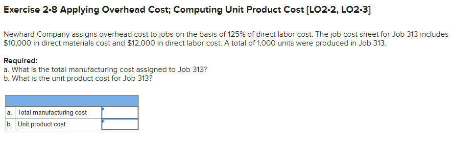 Exercise 2-8 Applying Overhead Cost; Computing Unit Product Cost [LO2-2, LO2-3]