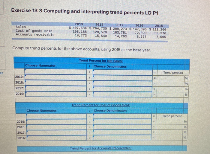  Exercise 13-3 Computing and interpreting trend percents LO P1 Sales Cost