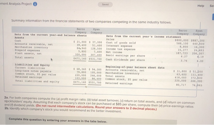  Help Sa ment Analysis Project Summary information from the financial statements
