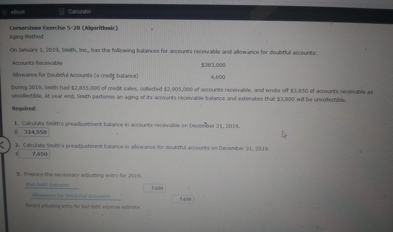  eBook Cornerstone Exercise 5-28 (Algorithmic) Aging Method On January 1, 2019,