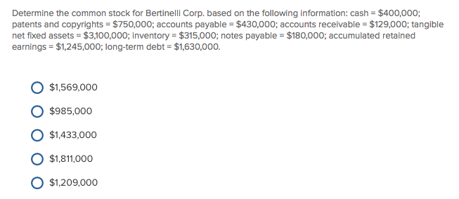  Determine the common stock for Bertinelli Corp. based on the following