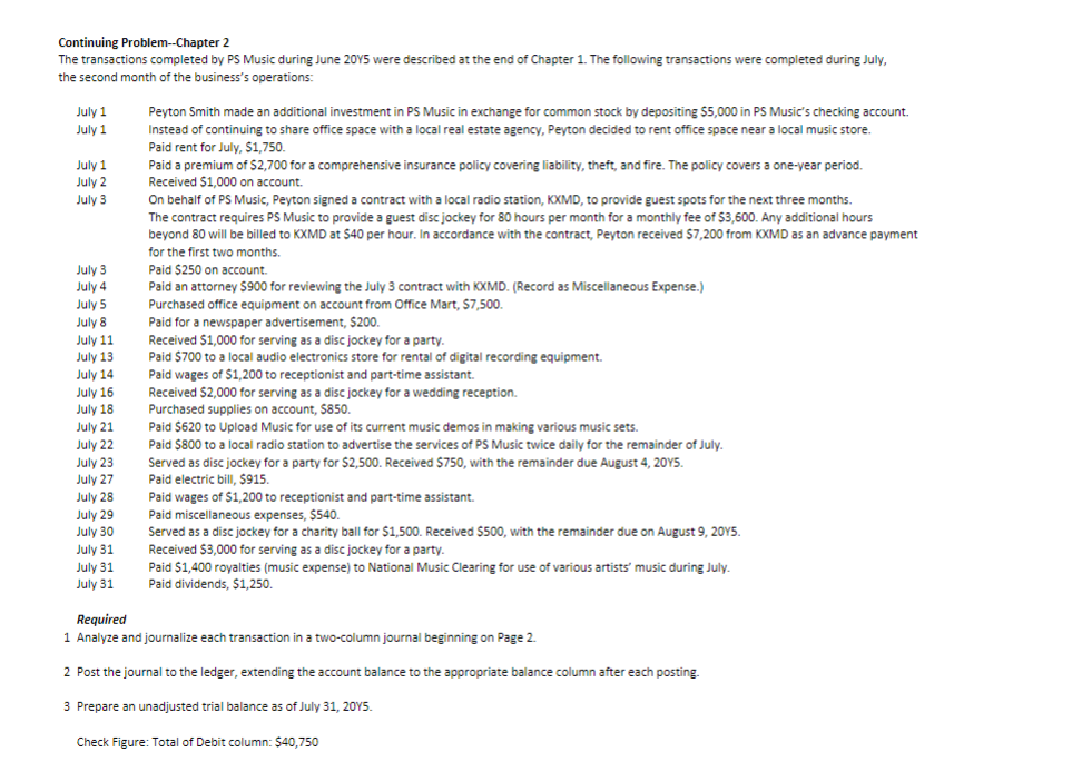  Continuing Problem-Chapter 2 The transactions completed by PS Music during June