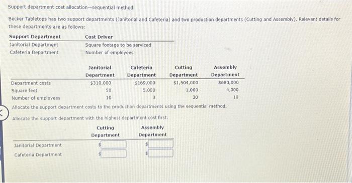  Support department cost allocation-sequential method Becker Tabletops has two support departments