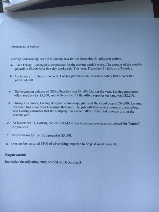  Problem 3: (15 Points) Lorring Landscaping has the following data for