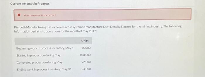  Current Attempt in Progress * Your answer is incorrect. Kimbeth Manufacturing