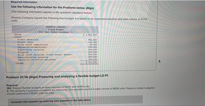  Required information Use the following information for the Problems below. (Algo)