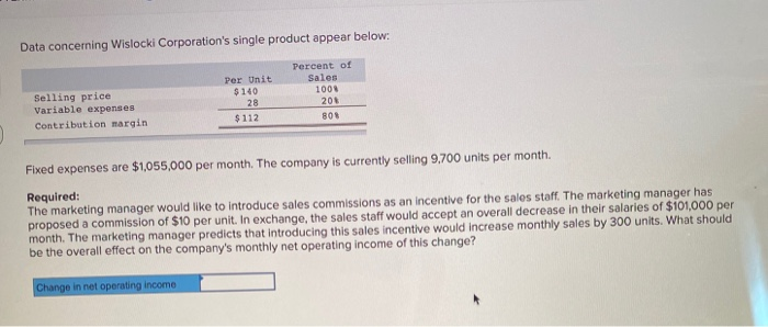  Data concerning Wislocki Corporation's single product appear below. Per Unit $