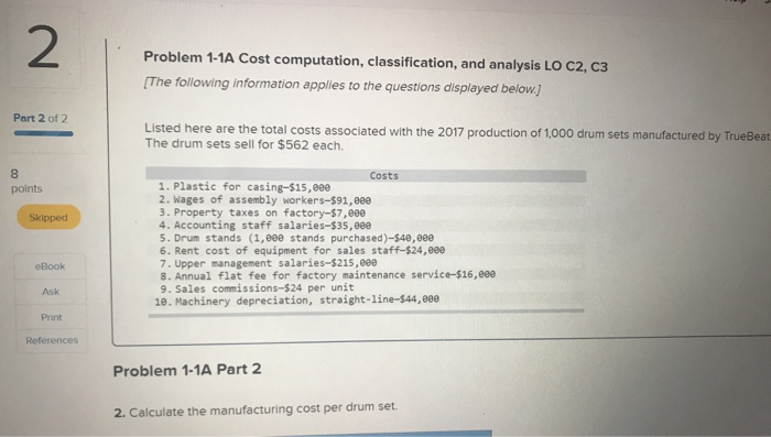  2 Problem 1-1A Cost computation, classification, and analysis LO C2, C3