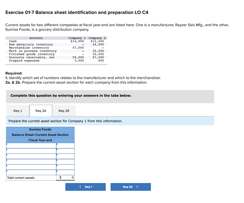 Exercise 01-7 Balance sheet identification and preparation LO C4 Current assets