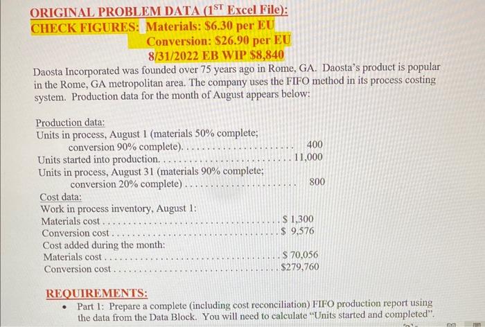  ORIGINAL PROBLEM DATA (1 ST Excel File): CHECK FIGURES: Materials: $6.30