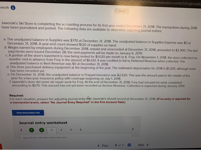  https/02 52Flms.mheducation.com%252Fmghmiddle ework Saved Jaworski's Ski Store is completing the accounting