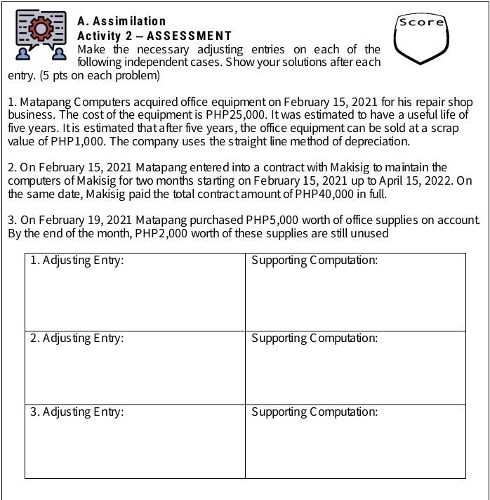 Score Activity 1 - PERFORMANCE TASK - Make the necessary adjusting entries