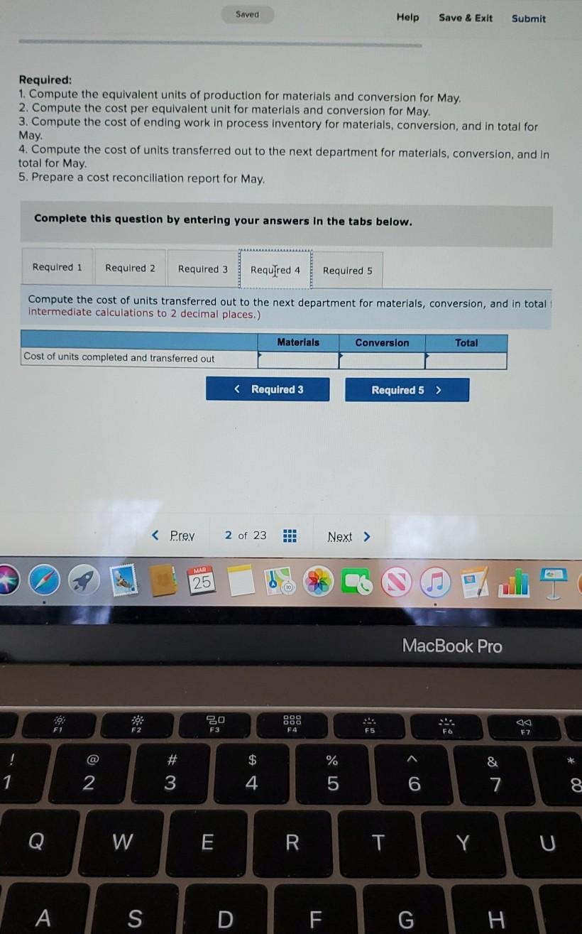 process, May 1; materials 100% complete; conversion 90% complete Pounds started into