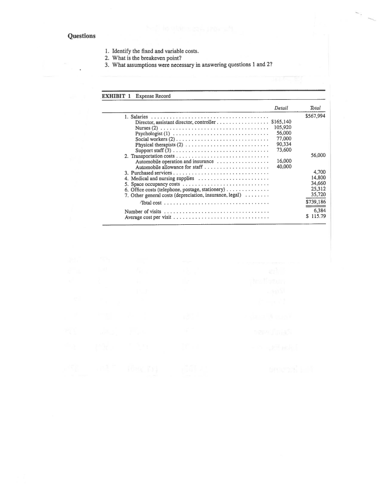 Questions 1. Identify the fixed and variable costs 2. What is
