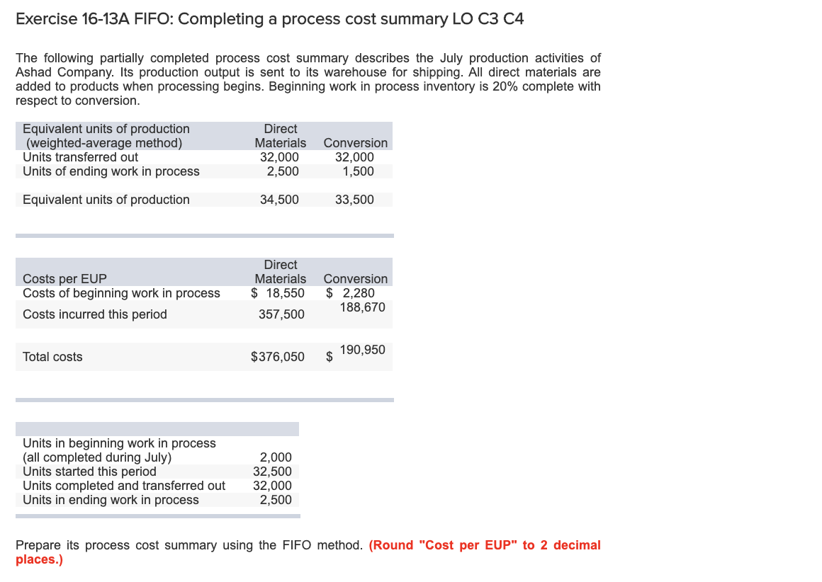  Exercise 16-13A FIFO: Completing a process cost summary LO C3 C4