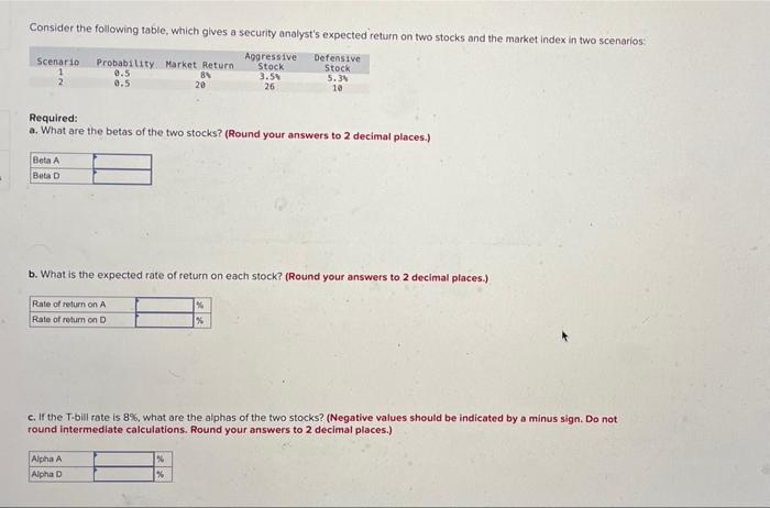  Consider the following table, which gives a security analyst's expected return